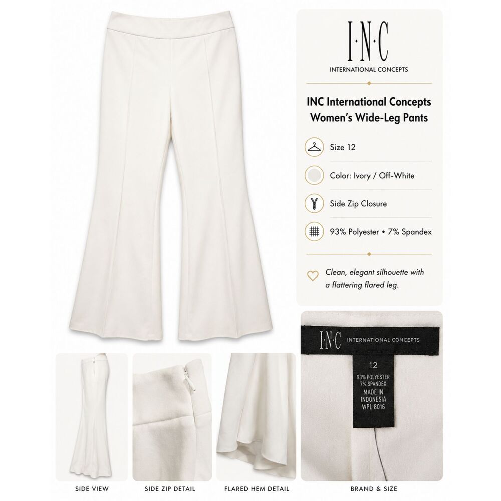 INC International Concepts Ivory Wide Leg Flare Pants Size 12 Side Zip